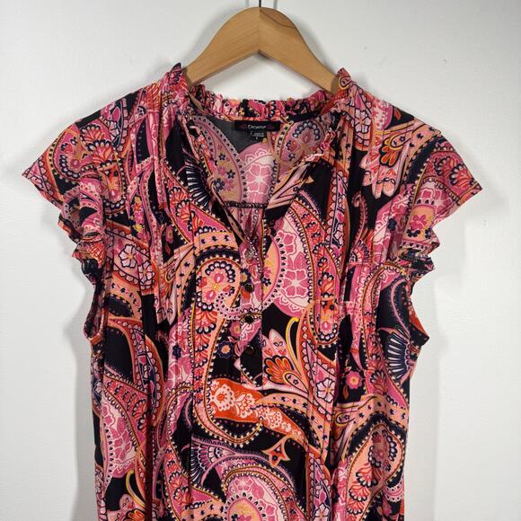 Cocomo Top Women L Pink Floral Paisley Pleated Stretch Short Sleeve Tunic Spring - Picture 3 of 7